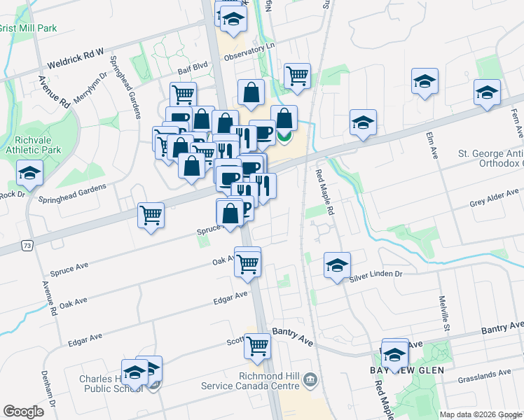 map of restaurants, bars, coffee shops, grocery stores, and more near 9191 Yonge Street in Richmond Hill