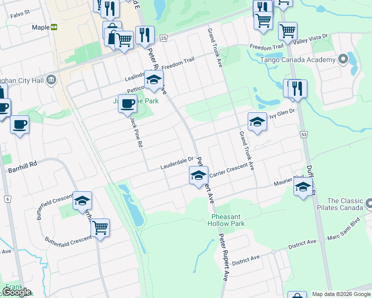 map of restaurants, bars, coffee shops, grocery stores, and more near 73 Coral Acres Drive in Vaughan