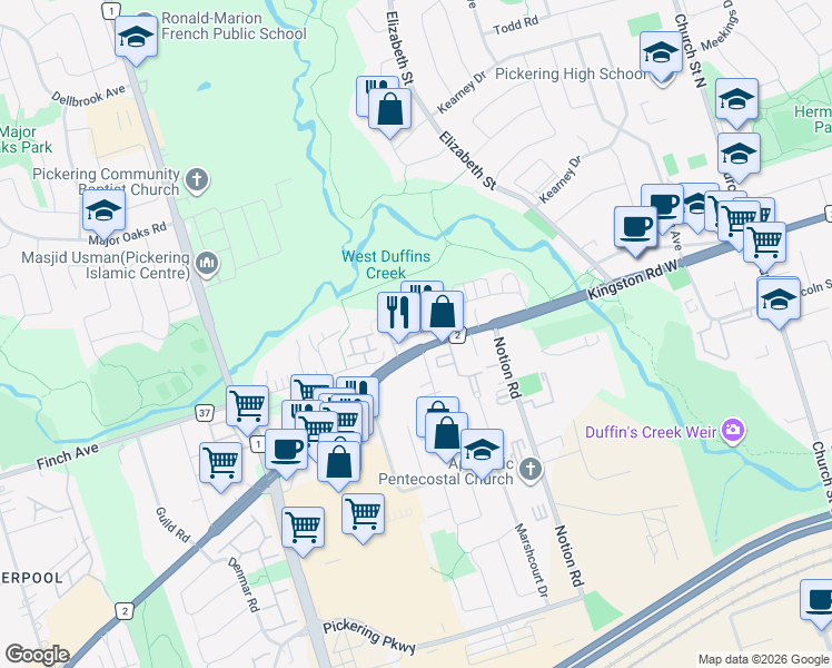 map of restaurants, bars, coffee shops, grocery stores, and more near 1864 Kingston Road in Pickering