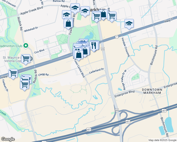 map of restaurants, bars, coffee shops, grocery stores, and more near in Markham