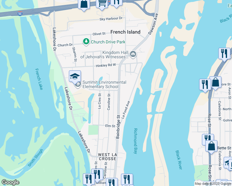 map of restaurants, bars, coffee shops, grocery stores, and more near 1805 Bainbridge Street in La Crosse