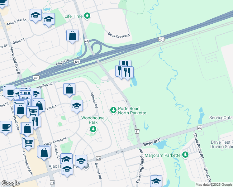 map of restaurants, bars, coffee shops, grocery stores, and more near Brind Sheridan Court in Ajax