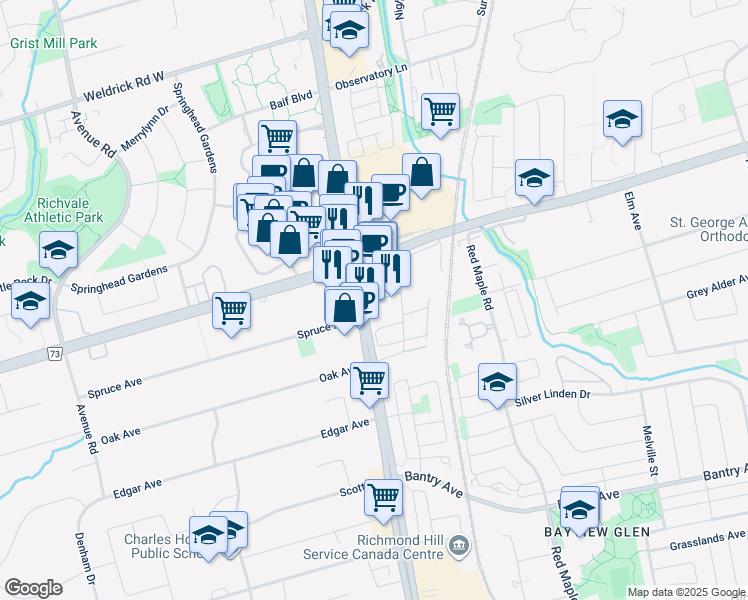 map of restaurants, bars, coffee shops, grocery stores, and more near in Richmond Hill