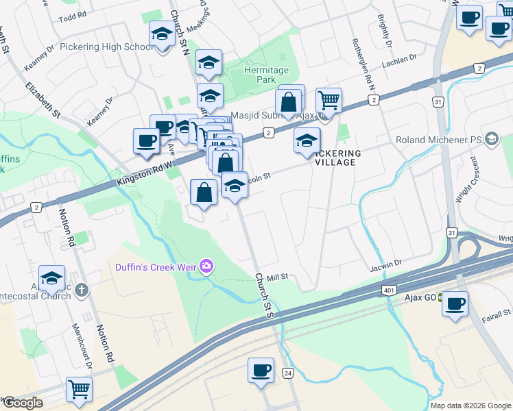 map of restaurants, bars, coffee shops, grocery stores, and more near 67 Church Street South in Ajax