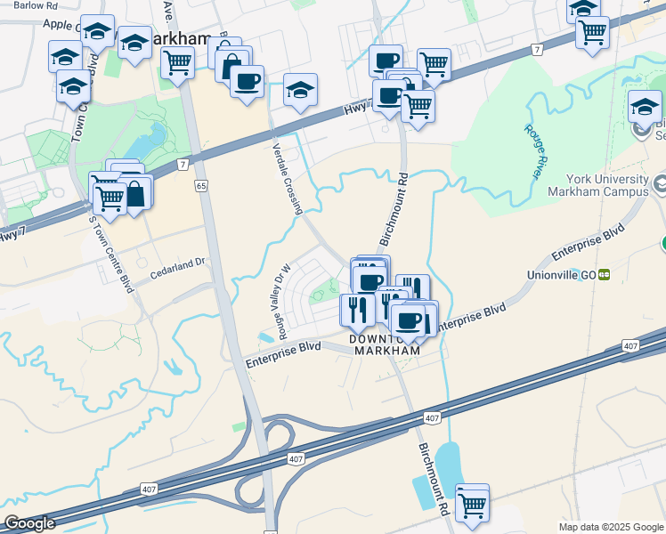 map of restaurants, bars, coffee shops, grocery stores, and more near 131 Upper Duke Crescent in Markham