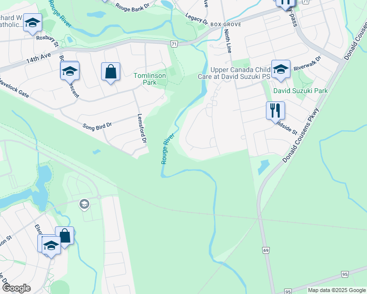 map of restaurants, bars, coffee shops, grocery stores, and more near 11 Rouge River Circle in Markham