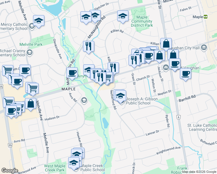 map of restaurants, bars, coffee shops, grocery stores, and more near 2535 Major Mackenzie Drive West in Vaughan