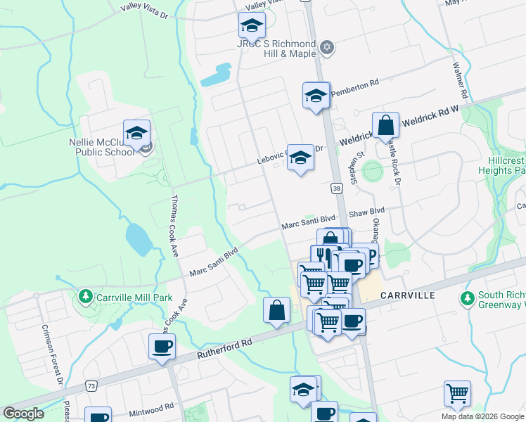 map of restaurants, bars, coffee shops, grocery stores, and more near 14 Millhouse Court in Vaughan