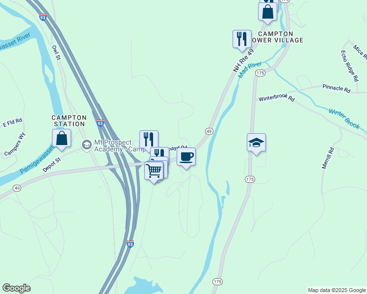 map of restaurants, bars, coffee shops, grocery stores, and more near 13-15 Southmayd Road in Campton