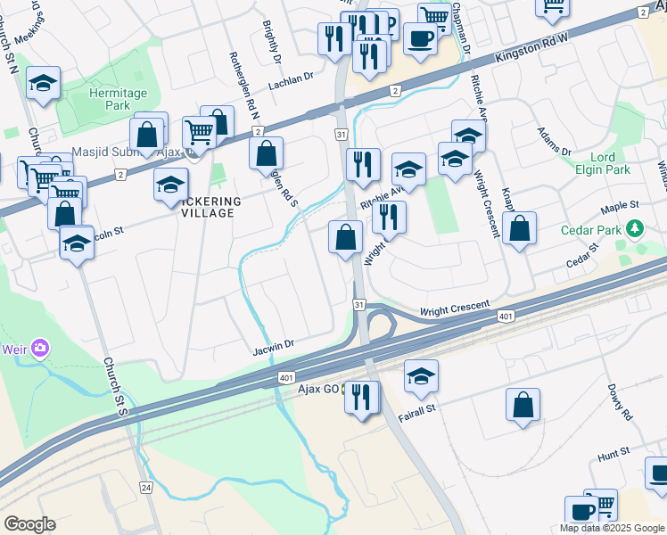 map of restaurants, bars, coffee shops, grocery stores, and more near 37 Rotherglen Road South in Ajax