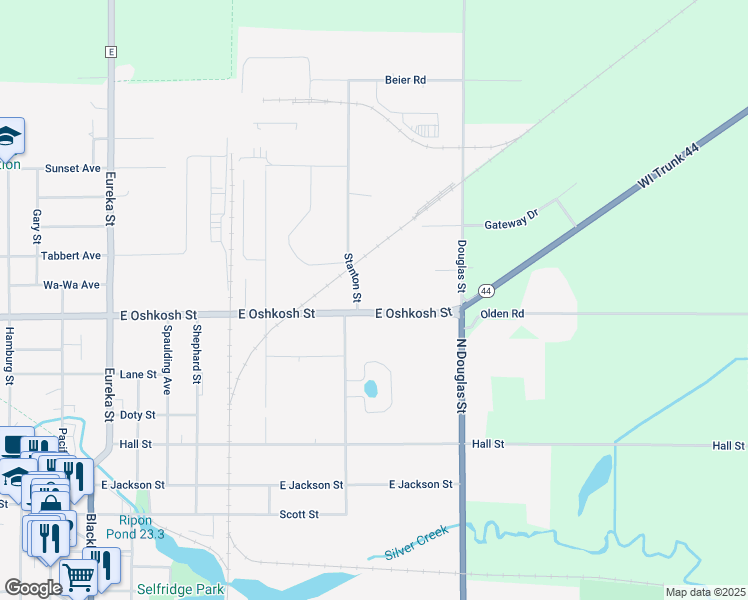 map of restaurants, bars, coffee shops, grocery stores, and more near 611 Stanton Street in Ripon
