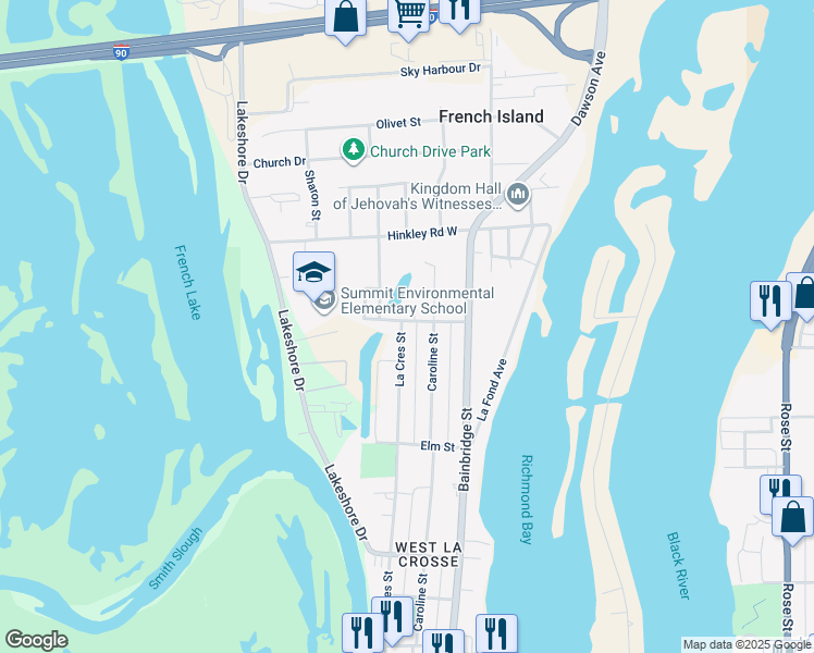 map of restaurants, bars, coffee shops, grocery stores, and more near 1805 Caroline Street in La Crosse