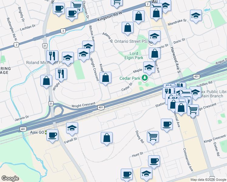 map of restaurants, bars, coffee shops, grocery stores, and more near 21 Durham Street in Ajax
