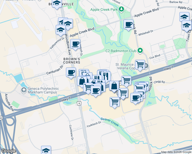 map of restaurants, bars, coffee shops, grocery stores, and more near 43 Hughson Drive in Markham