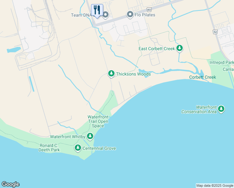 map of restaurants, bars, coffee shops, grocery stores, and more near 2671 Thickson Road South in Whitby