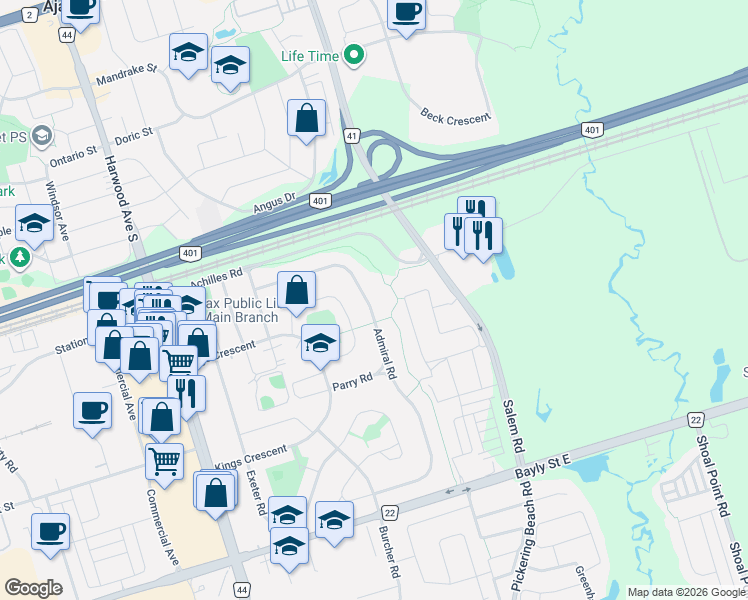 map of restaurants, bars, coffee shops, grocery stores, and more near 69 Admiral Road in Ajax