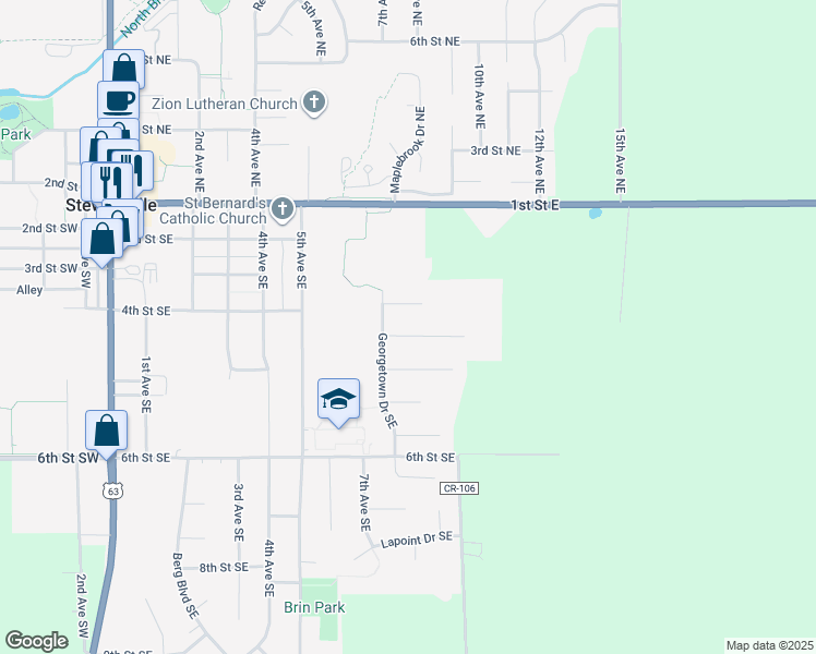 map of restaurants, bars, coffee shops, grocery stores, and more near 808 Timothy Drive Southeast in Stewartville