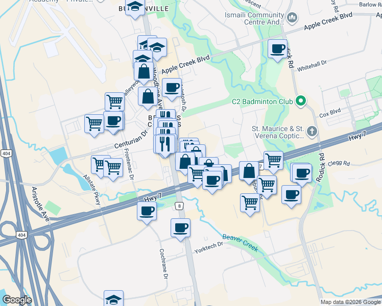 map of restaurants, bars, coffee shops, grocery stores, and more near 5A Lunar Crescent in Markham