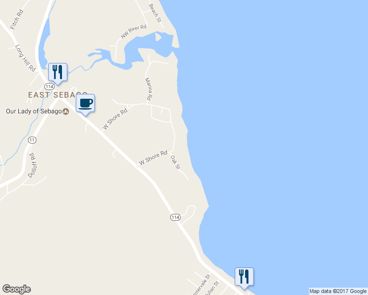 map of restaurants, bars, coffee shops, grocery stores, and more near 108 West Shore Road in Sebago