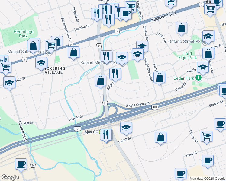 map of restaurants, bars, coffee shops, grocery stores, and more near 186 Reed Drive in Ajax