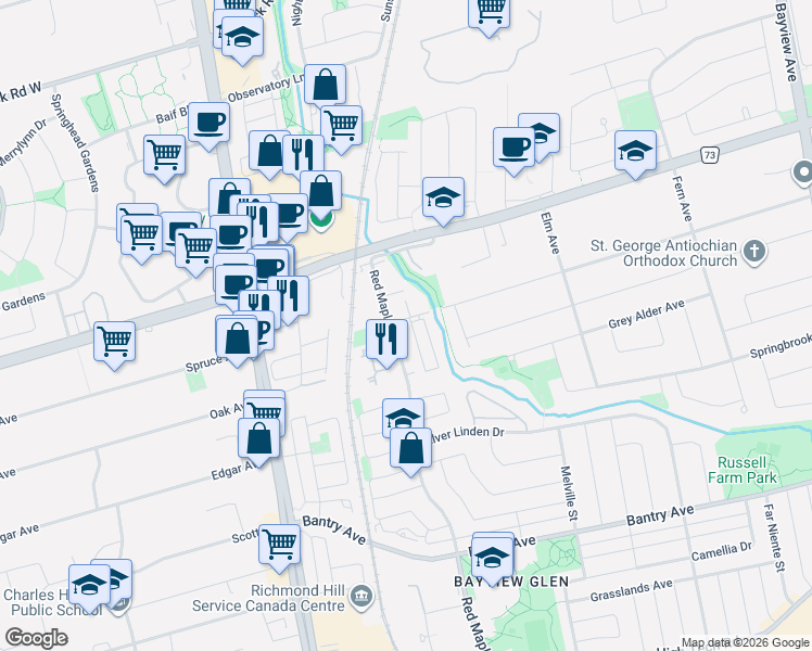 map of restaurants, bars, coffee shops, grocery stores, and more near 23 Colston Court in Richmond Hill
