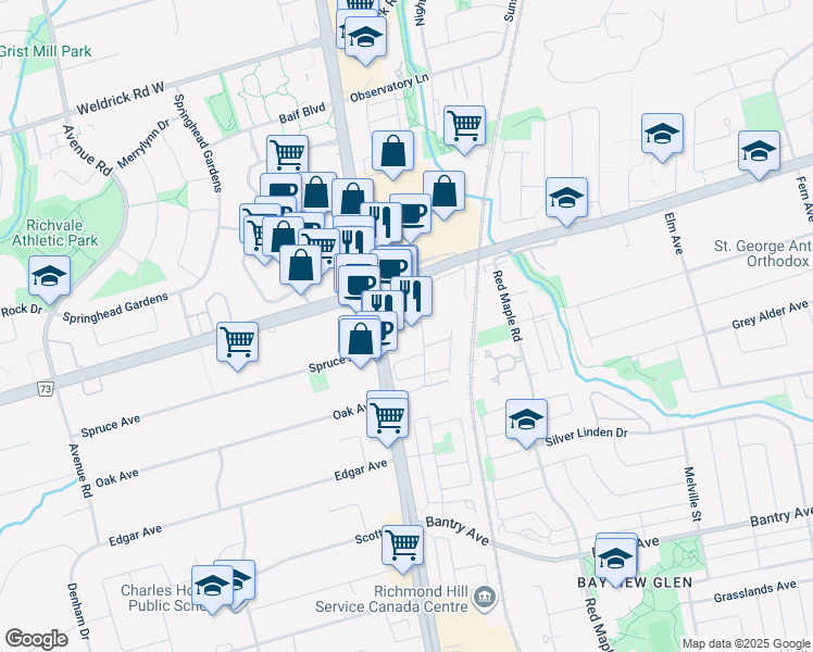 map of restaurants, bars, coffee shops, grocery stores, and more near in Richmond Hill