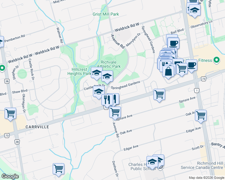 map of restaurants, bars, coffee shops, grocery stores, and more near 15 Springhead Gardens in Richmond Hill