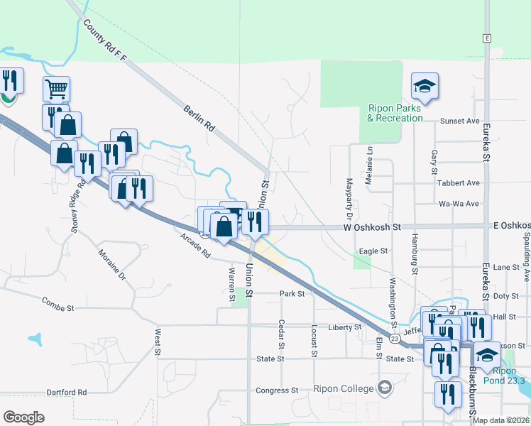 map of restaurants, bars, coffee shops, grocery stores, and more near 525 North Union Street in Ripon