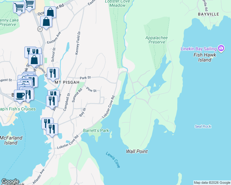 map of restaurants, bars, coffee shops, grocery stores, and more near 134 Lobster Cove Road in Boothbay Harbor