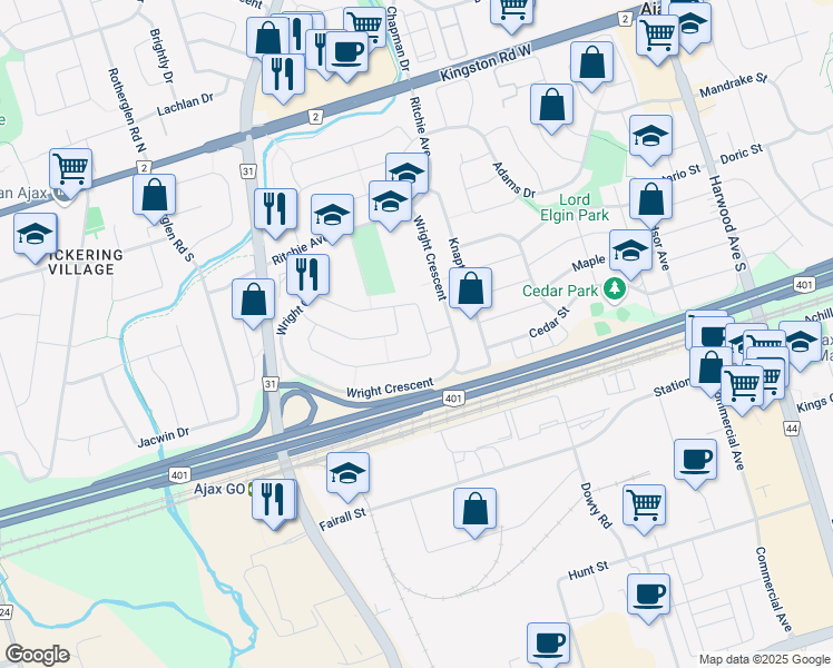 map of restaurants, bars, coffee shops, grocery stores, and more near 66 Reed Drive in Ajax