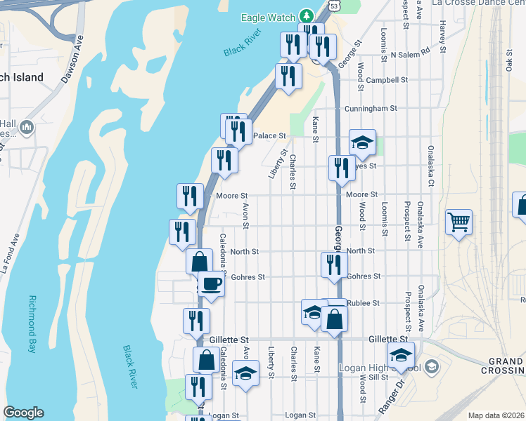 map of restaurants, bars, coffee shops, grocery stores, and more near 802 Moore Street in La Crosse