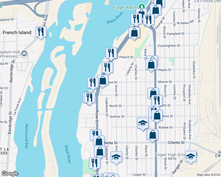 map of restaurants, bars, coffee shops, grocery stores, and more near 724 Moore Street in La Crosse