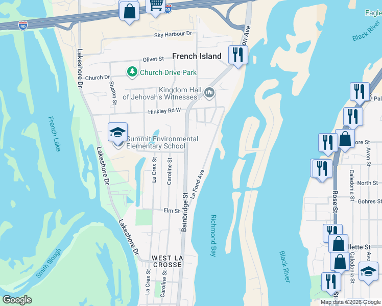 map of restaurants, bars, coffee shops, grocery stores, and more near 1804 Bainbridge Street in La Crosse