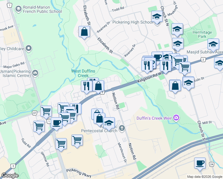 map of restaurants, bars, coffee shops, grocery stores, and more near 1898 Kingston Rd in Pickering