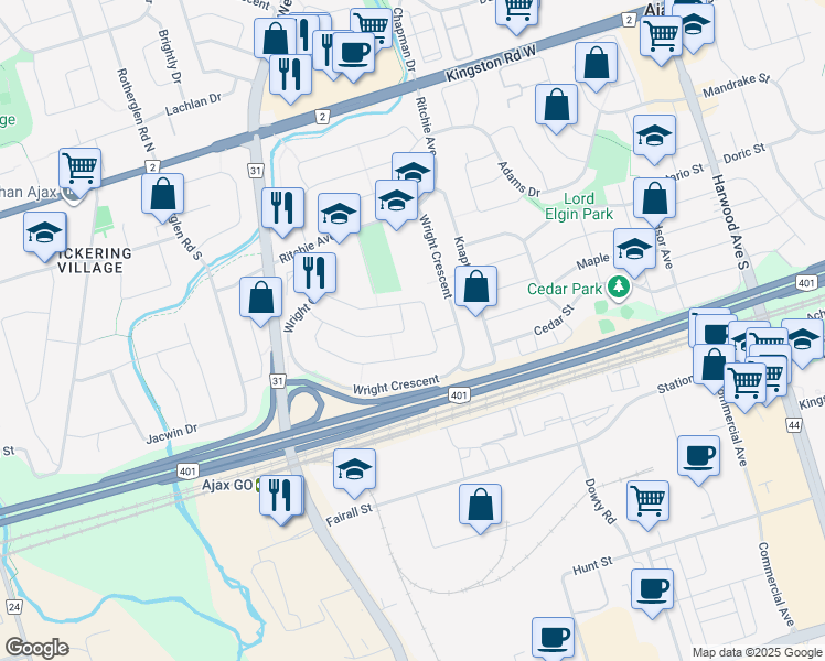 map of restaurants, bars, coffee shops, grocery stores, and more near 7 Redmond Drive in Ajax
