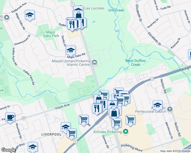 map of restaurants, bars, coffee shops, grocery stores, and more near 2079 Brock Road in Pickering