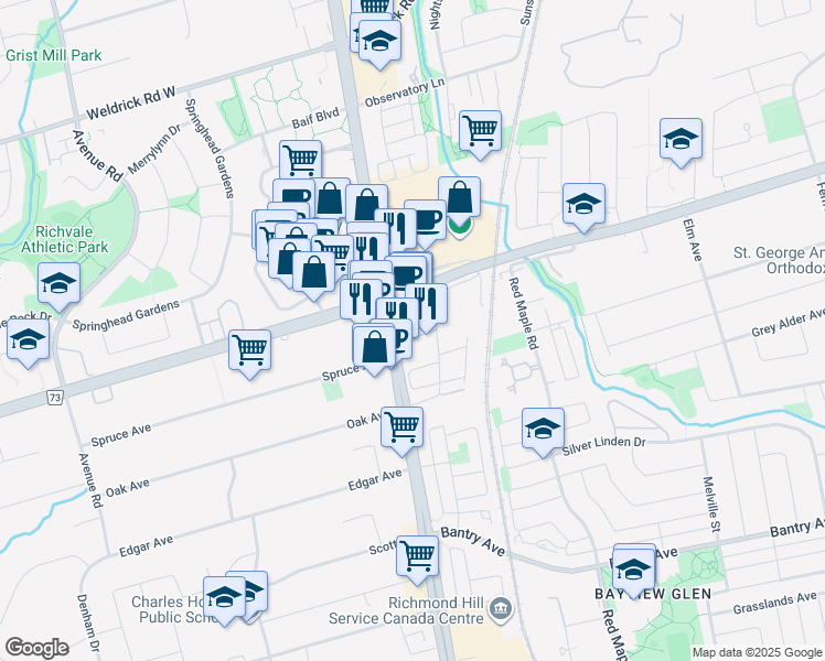 map of restaurants, bars, coffee shops, grocery stores, and more near 9205 Yonge Street in Richmond Hill