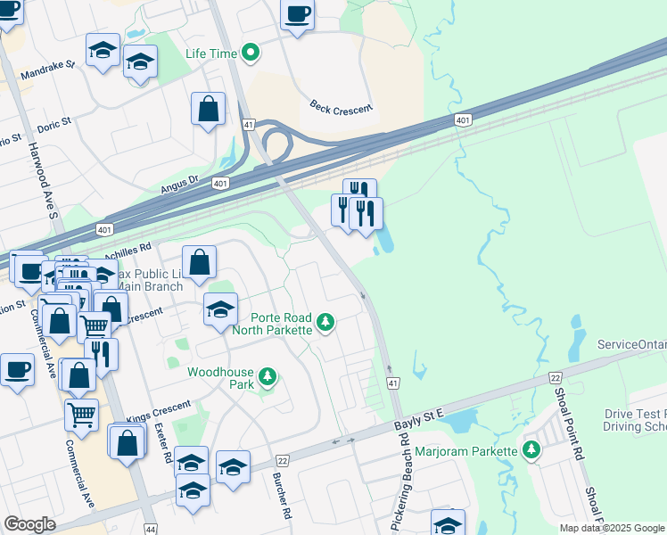map of restaurants, bars, coffee shops, grocery stores, and more near in Ajax