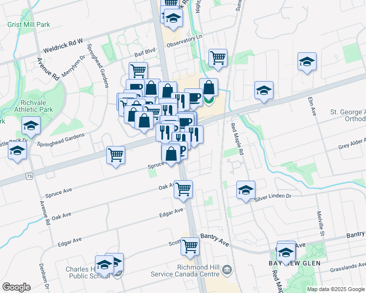map of restaurants, bars, coffee shops, grocery stores, and more near 9201 Yonge Street in Richmond Hill