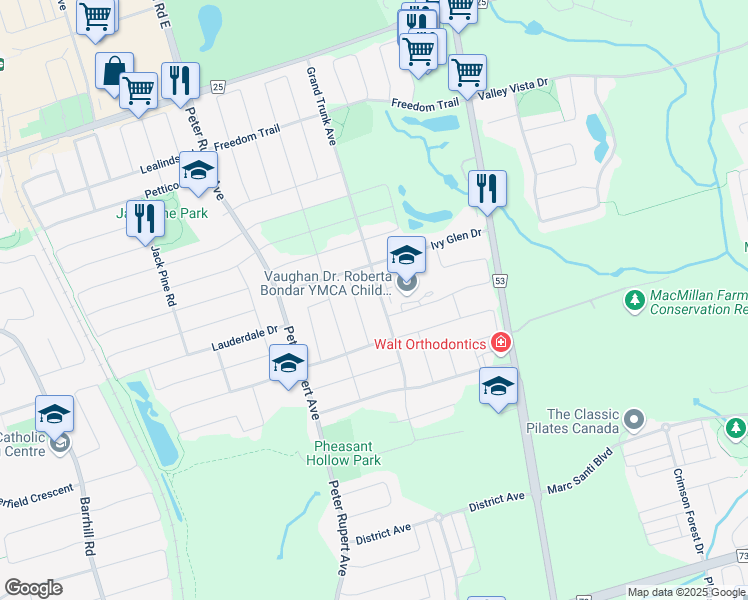 map of restaurants, bars, coffee shops, grocery stores, and more near 396 Grand Trunk Avenue in Vaughan
