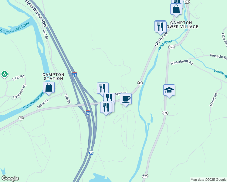 map of restaurants, bars, coffee shops, grocery stores, and more near 13-15 Southmayd Road in Campton