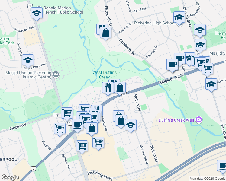 map of restaurants, bars, coffee shops, grocery stores, and more near 1850 Kingston Road in Pickering