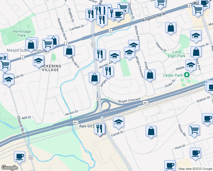 map of restaurants, bars, coffee shops, grocery stores, and more near in Ajax