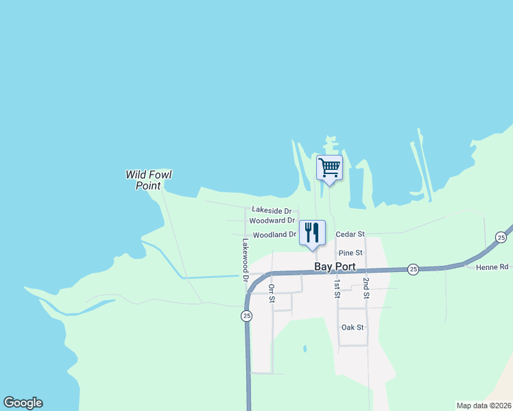 map of restaurants, bars, coffee shops, grocery stores, and more near 9864 Lakeside Drive in Bay Port