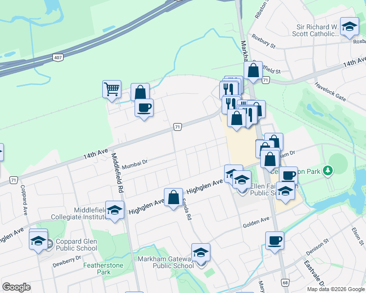 map of restaurants, bars, coffee shops, grocery stores, and more near 136 Mumbai Drive in Markham