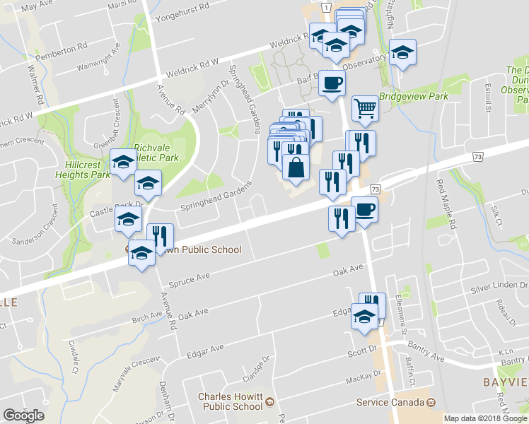 map of restaurants, bars, coffee shops, grocery stores, and more near 54 Carrville Road in Richmond Hill