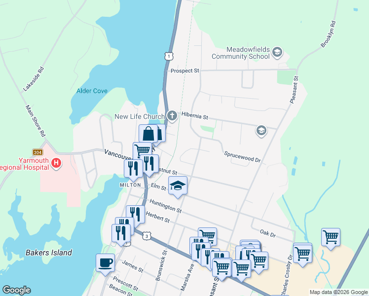 map of restaurants, bars, coffee shops, grocery stores, and more near 26 Vaughne Avenue in Yarmouth