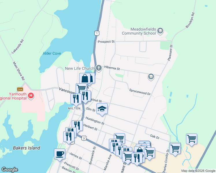 map of restaurants, bars, coffee shops, grocery stores, and more near 26 Vaughne Avenue in Yarmouth