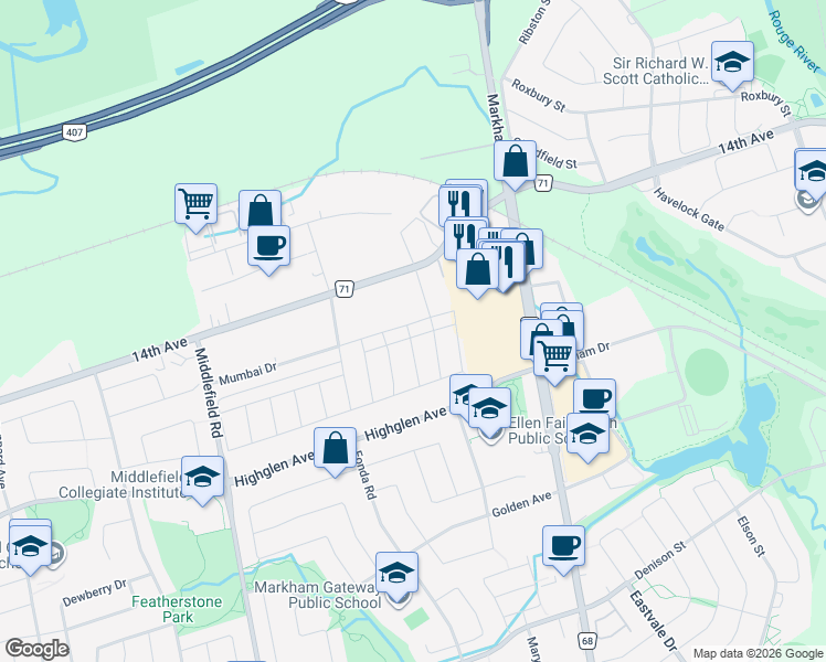 map of restaurants, bars, coffee shops, grocery stores, and more near 5875 14th Avenue in Markham