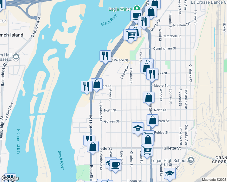 map of restaurants, bars, coffee shops, grocery stores, and more near 802 Moore Street in La Crosse